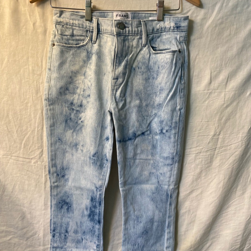 Frame Denim “Le High” Light & Dark Blue Acid Wash Marble Tie-Dye Slim Jeans